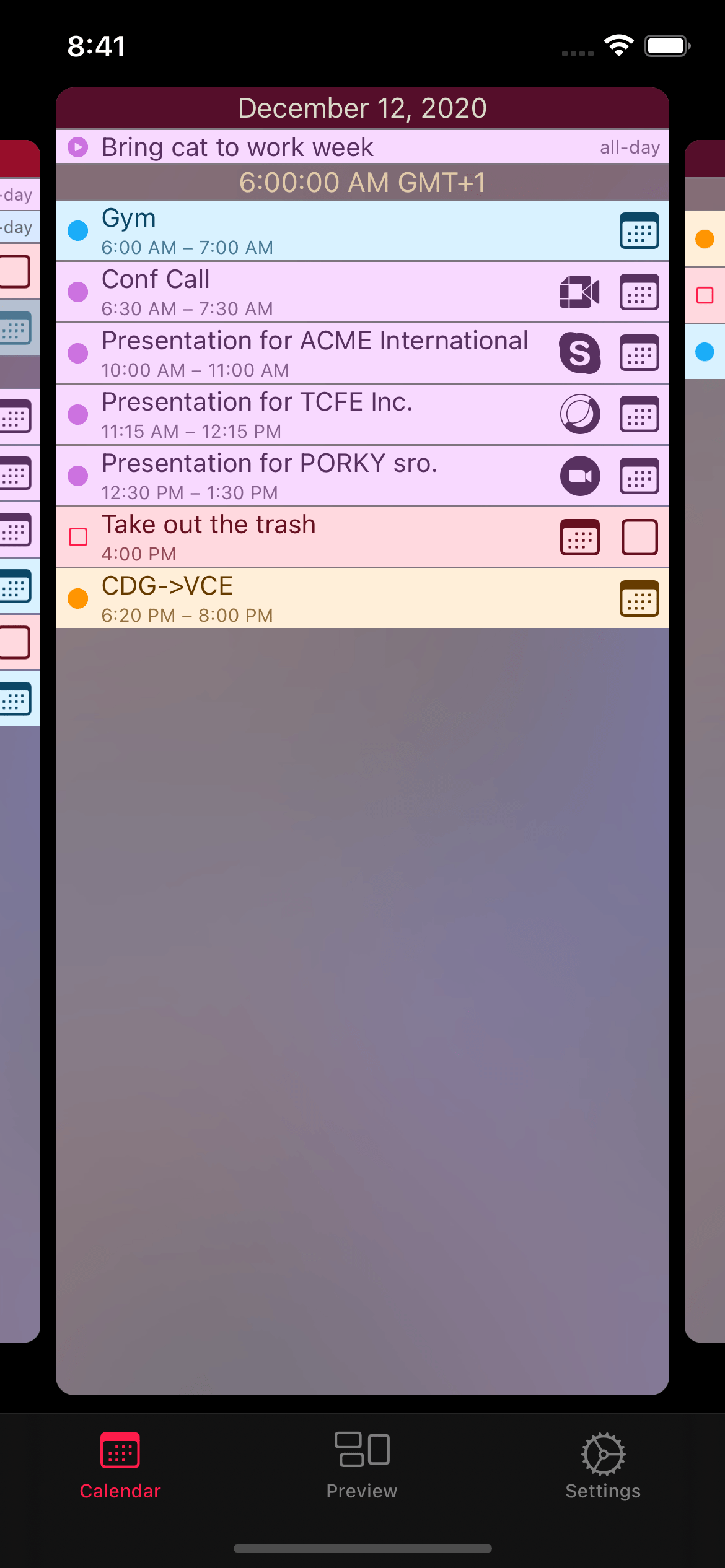 Screenshot showing a single day